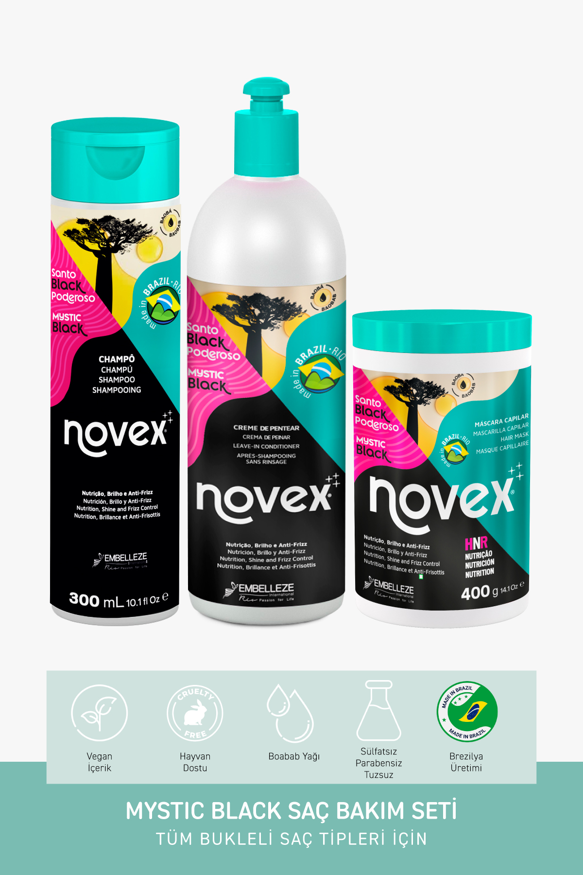 NOVEX Mystic Black - Kuru Bukleli Saçlar Için Onarıcı Şampuan + Durulanmayan Krem 500ml +Saç Maskesi 400g — 8761200037468
