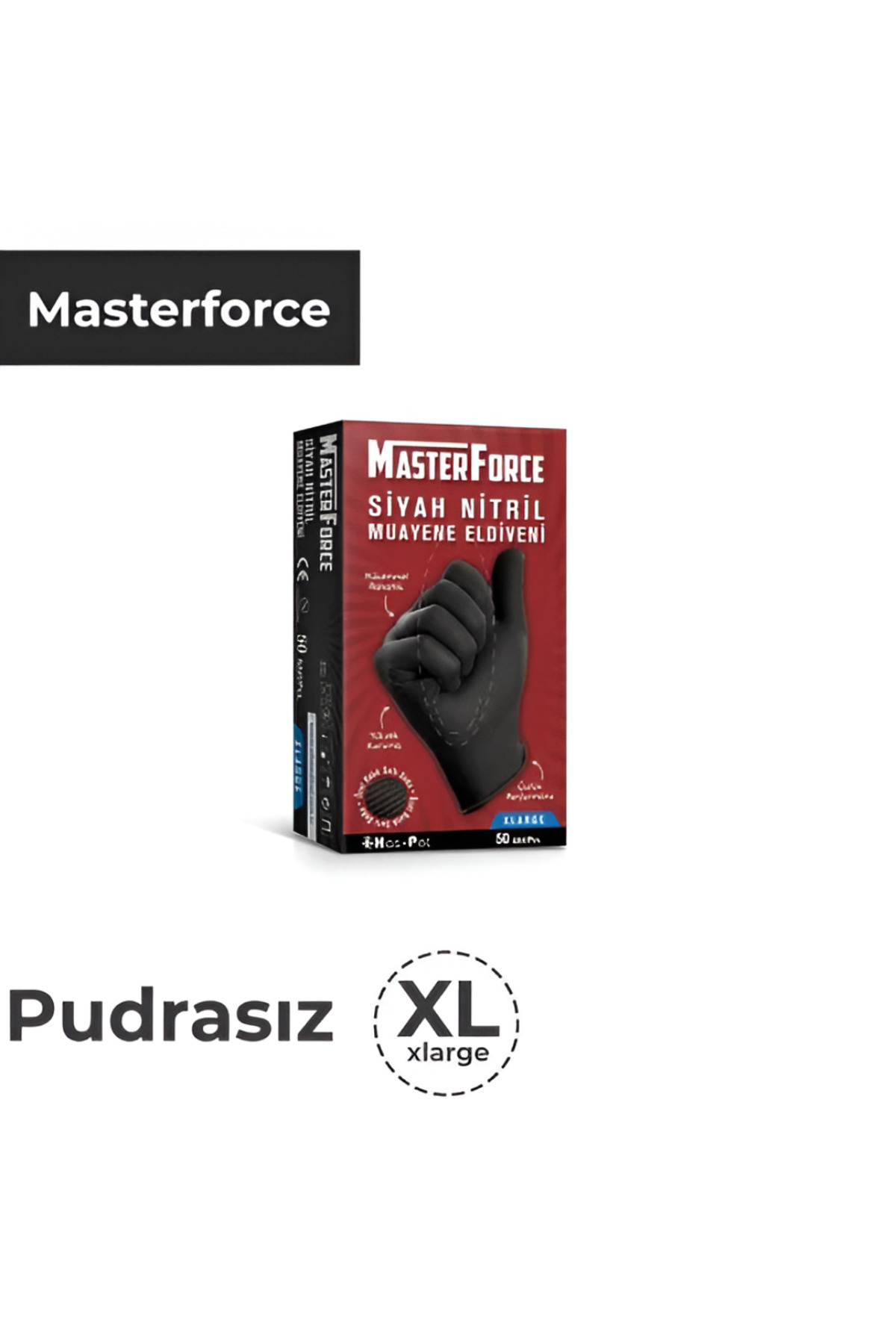 MASTER FORCE Siyah Nitril Muayene Eldiveni ( XLARGE ) Balık Sırtı 50 Li