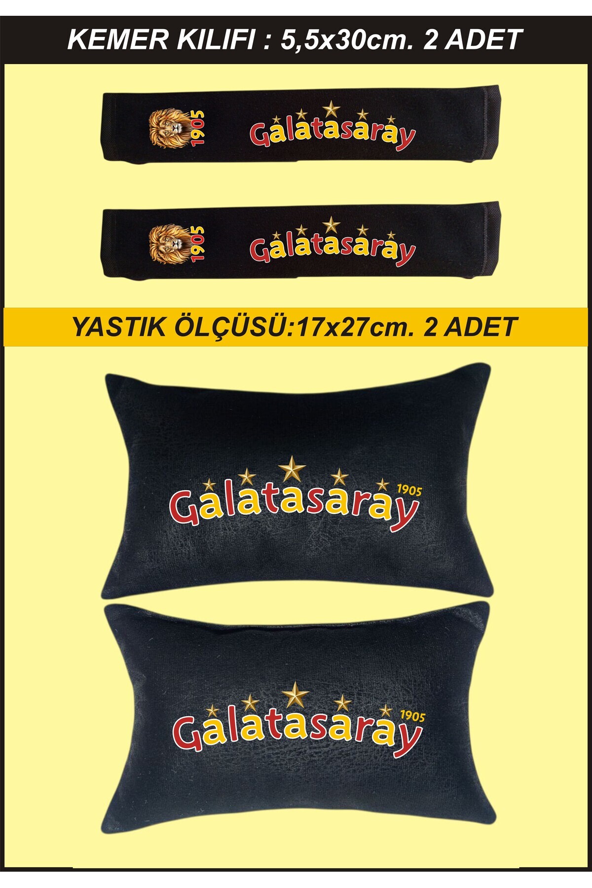 İZ WORTH WEARİNG Galatasaray Araç Boyun Yastığı SİYAH DÖŞEMELİK Kumaş 2 Adet YASTIK VE 2 ADET KEMER KILIFI 17x27cm