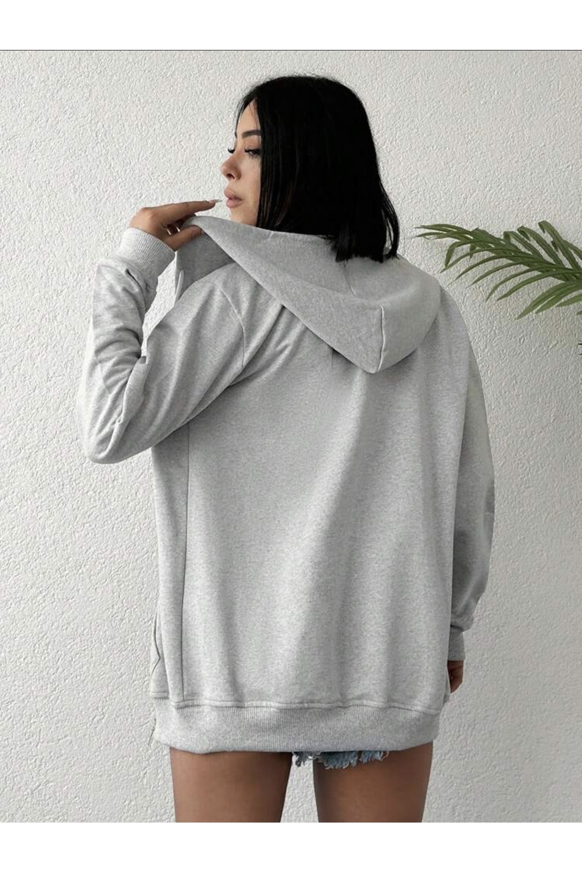 Miyalon  Kadın Gri Renk Kapüşonlu Fermuarlı Sweatshirt - Görsel 5