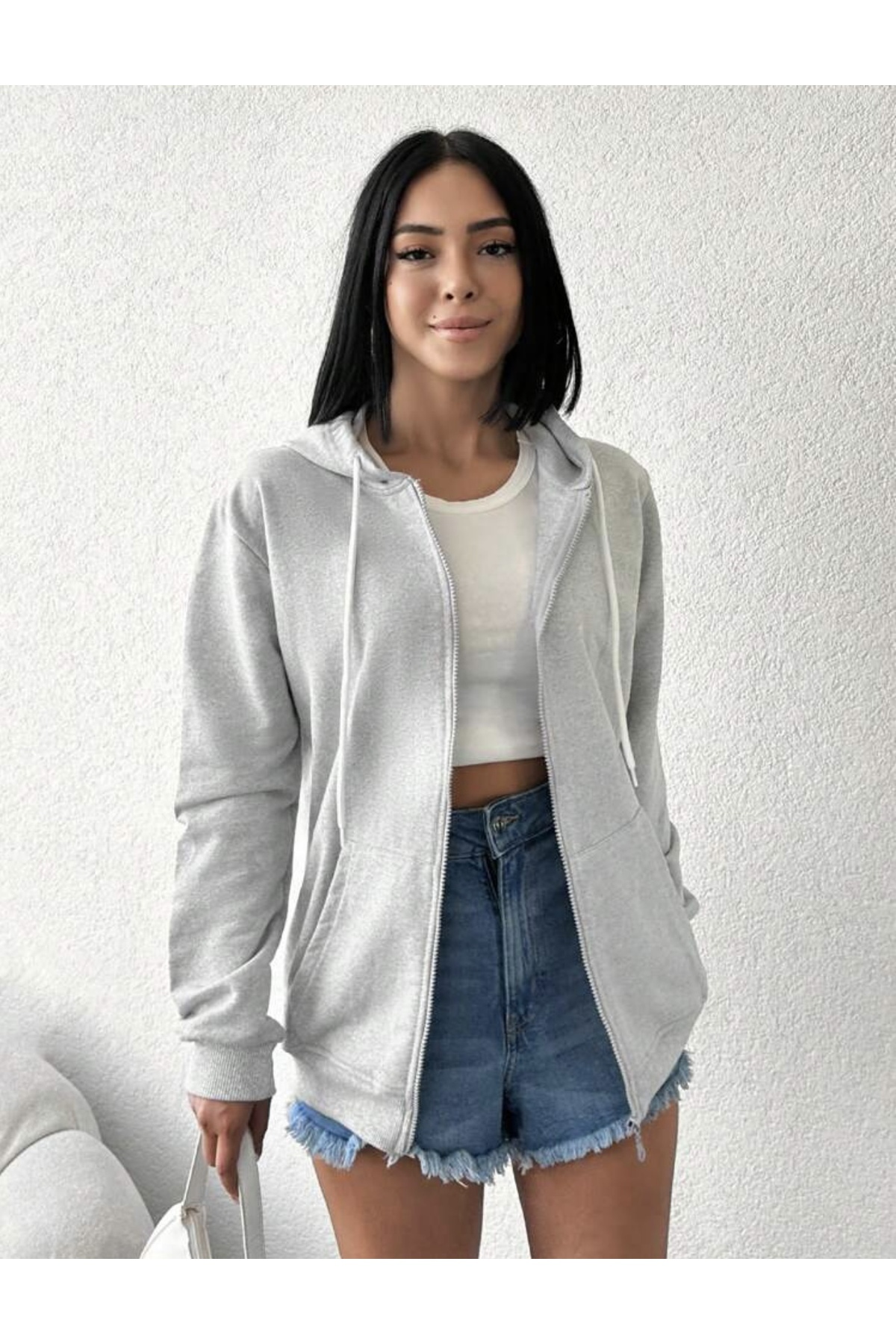 Miyalon  Kadın Gri Renk Kapüşonlu Fermuarlı Sweatshirt - Görsel 2