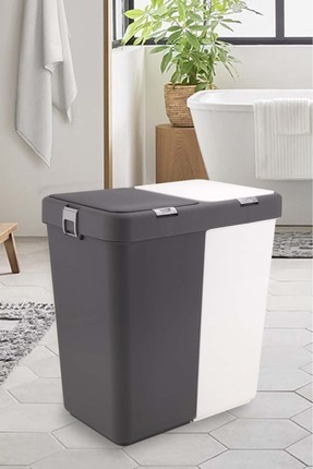 ego home Antrasit Beyaz Mote Ikili Dokunmatik Kirli Çamaşır Sepeti Çift Bölme...