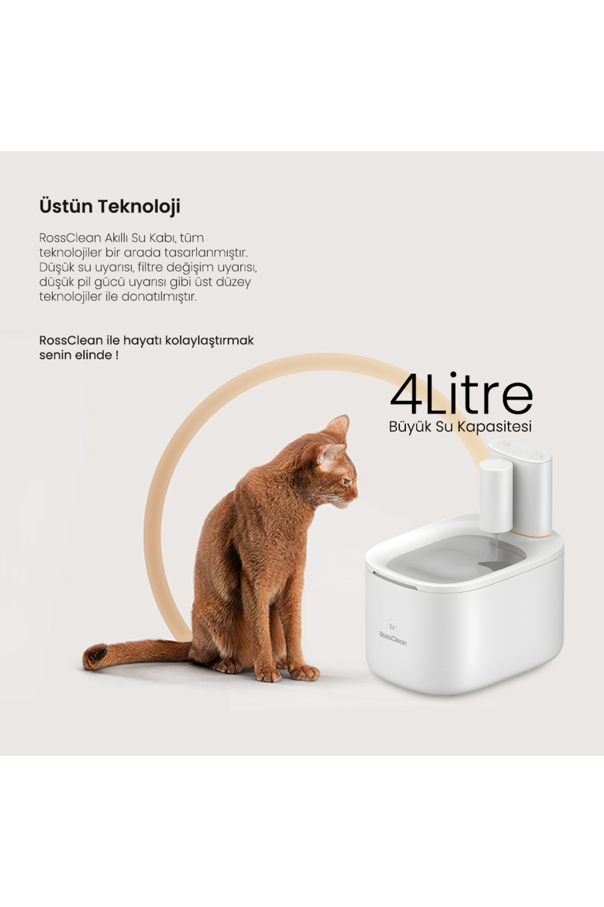 RossClean Kablosuz -Sensörlü-4L Ultra Sessiz-60gün Kullanım-App Uygulamalı Kedi Köpek Akıllı Su Kabı fotoğrafı 4 (önizleme)