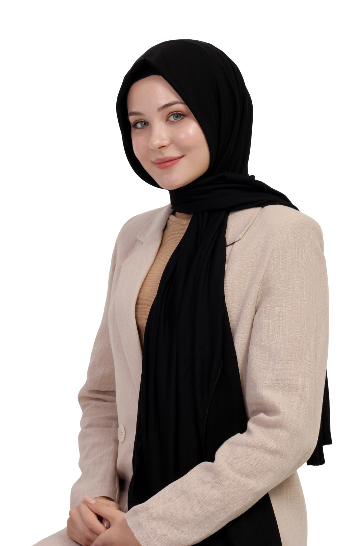TRModam Organik Penye Tesettür Şal, Kaymaz, Terletmez, Tok Duruşlu - Siyah görsel 6