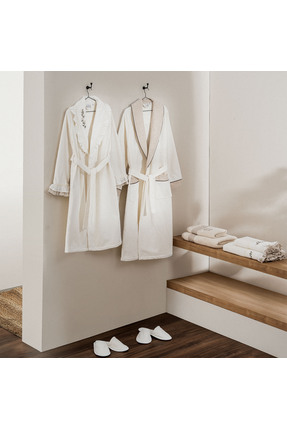 Ecocotton Leyna Aile Bornoz Seti %100 Organik Pamuk Nakışlı Krem/Krem- M/L