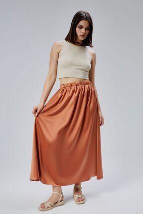 Bolivente Kiremit Regular Büzgülü Beli Lastikli Saten Etek