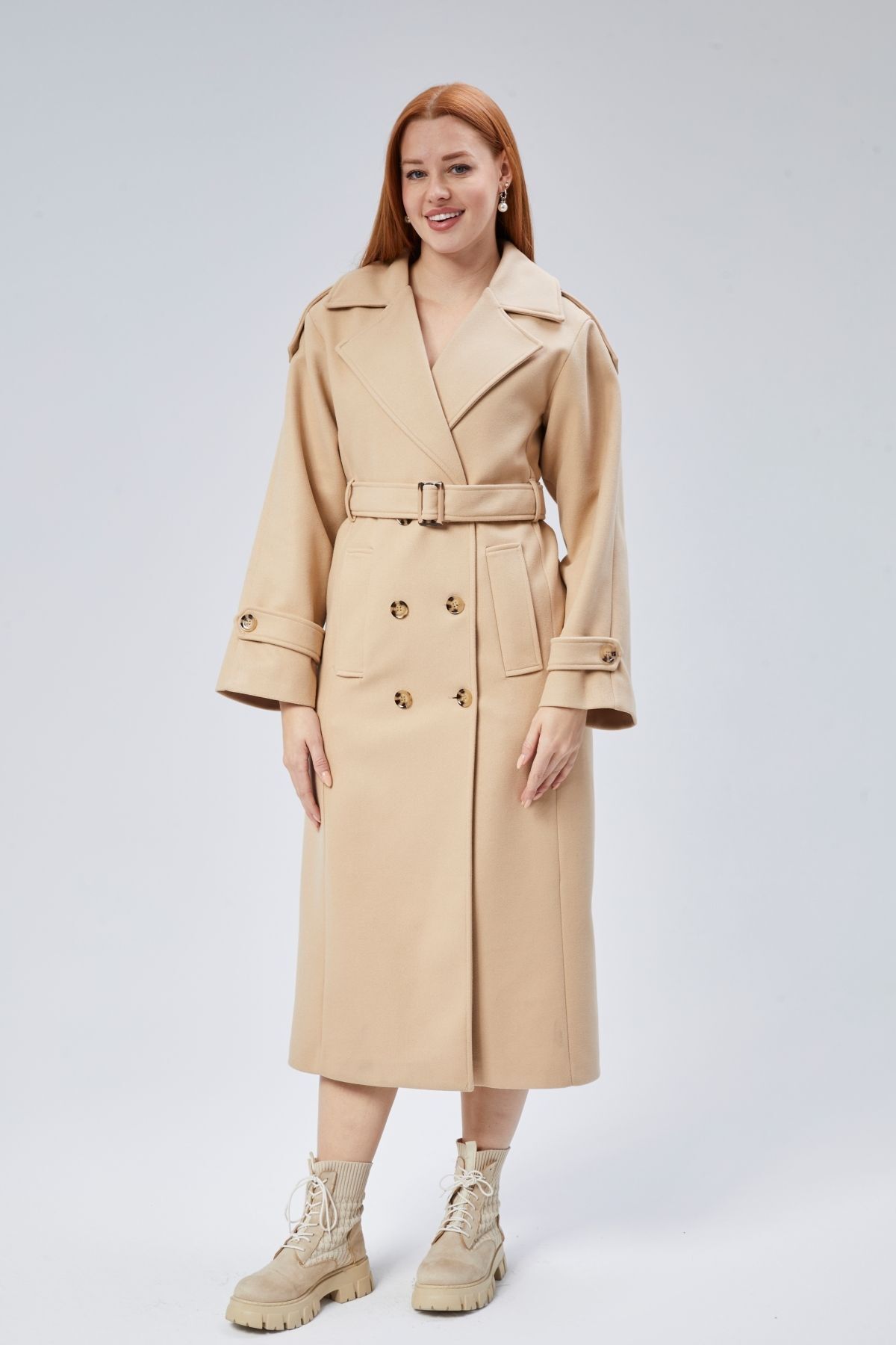 Bolivente  Camel Regular Apolet Detaylı Kruvaze Kaşe Kaban - Görsel 2