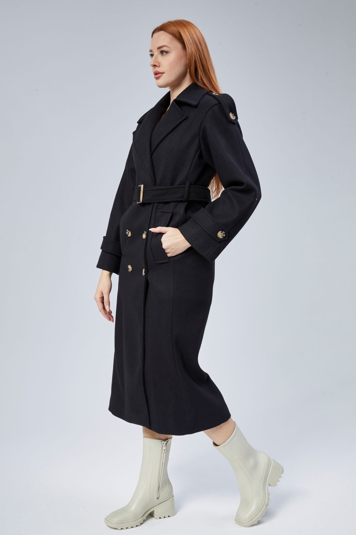 Bolivente  Siyah Regular Apolet Detaylı Kruvaze Kaşe Kaban - Görsel 5