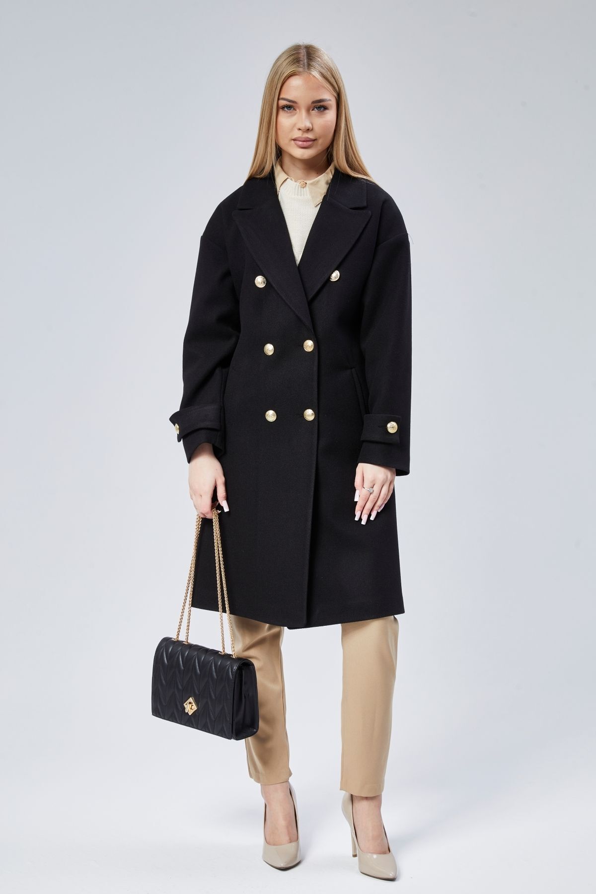 Bolivente  Kadın Kruvaze Yaka Düğme Detaylı Kaban - Görsel 6