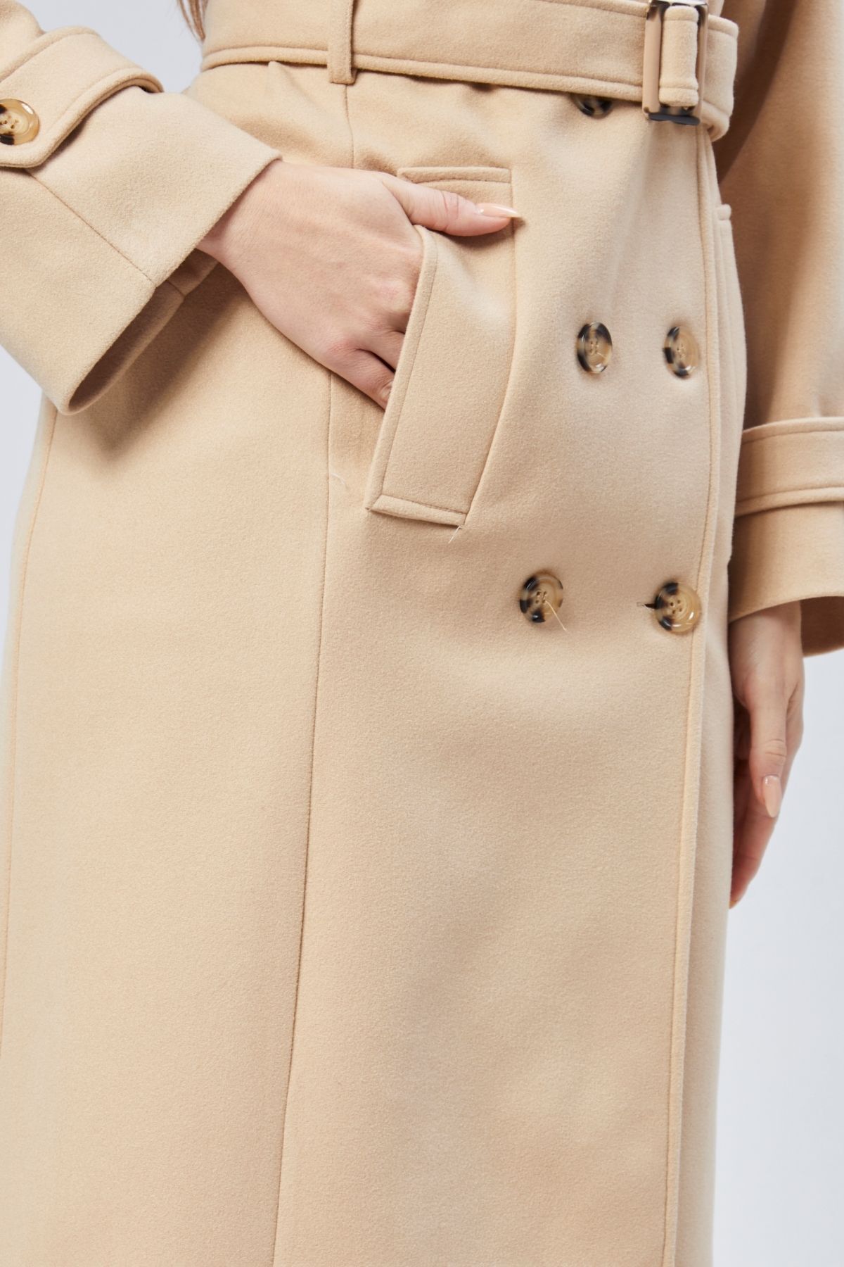 Bolivente  Camel Regular Apolet Detaylı Kruvaze Kaşe Kaban - Görsel 6