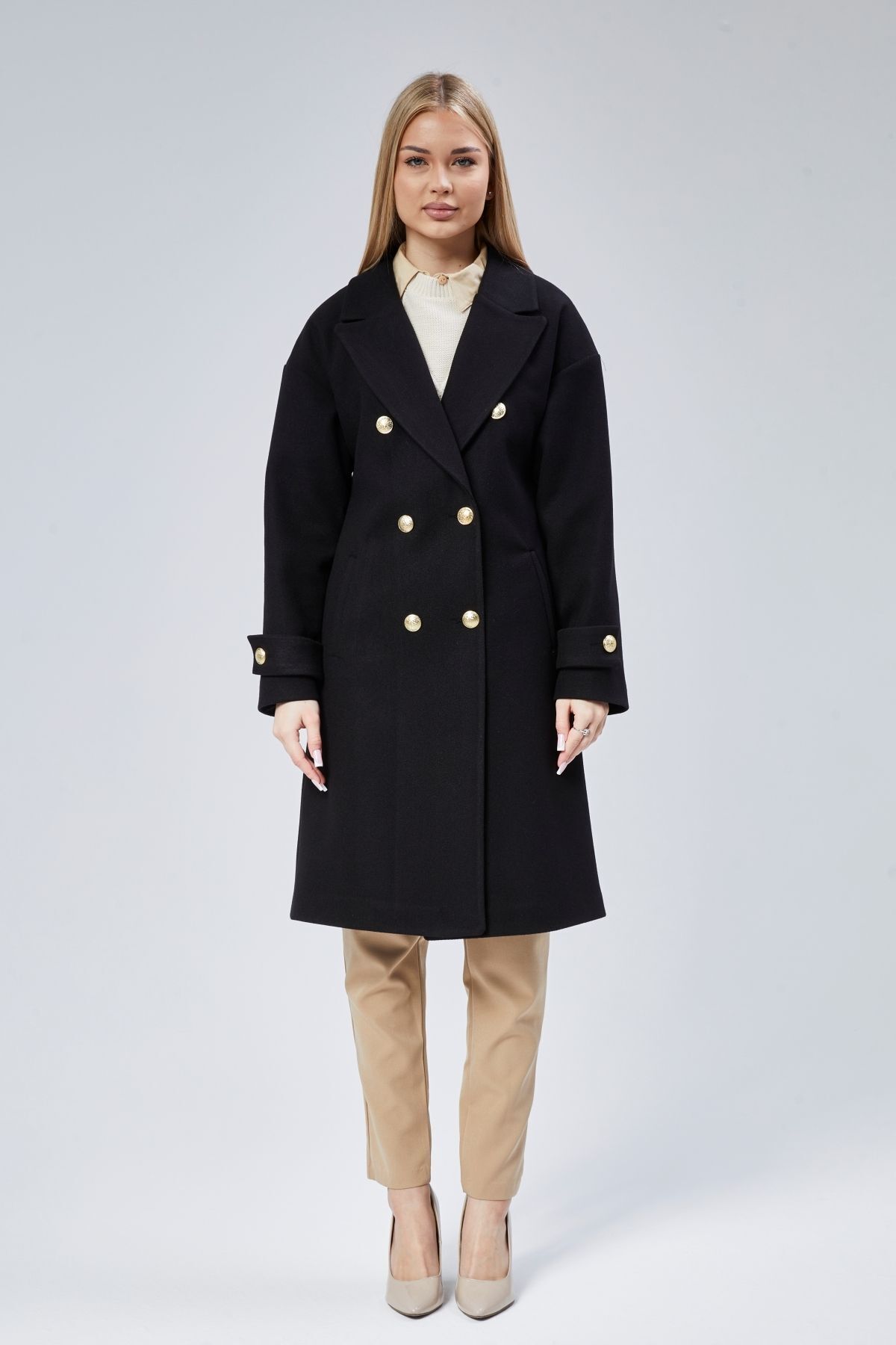 Bolivente  Kadın Kruvaze Yaka Düğme Detaylı Kaban