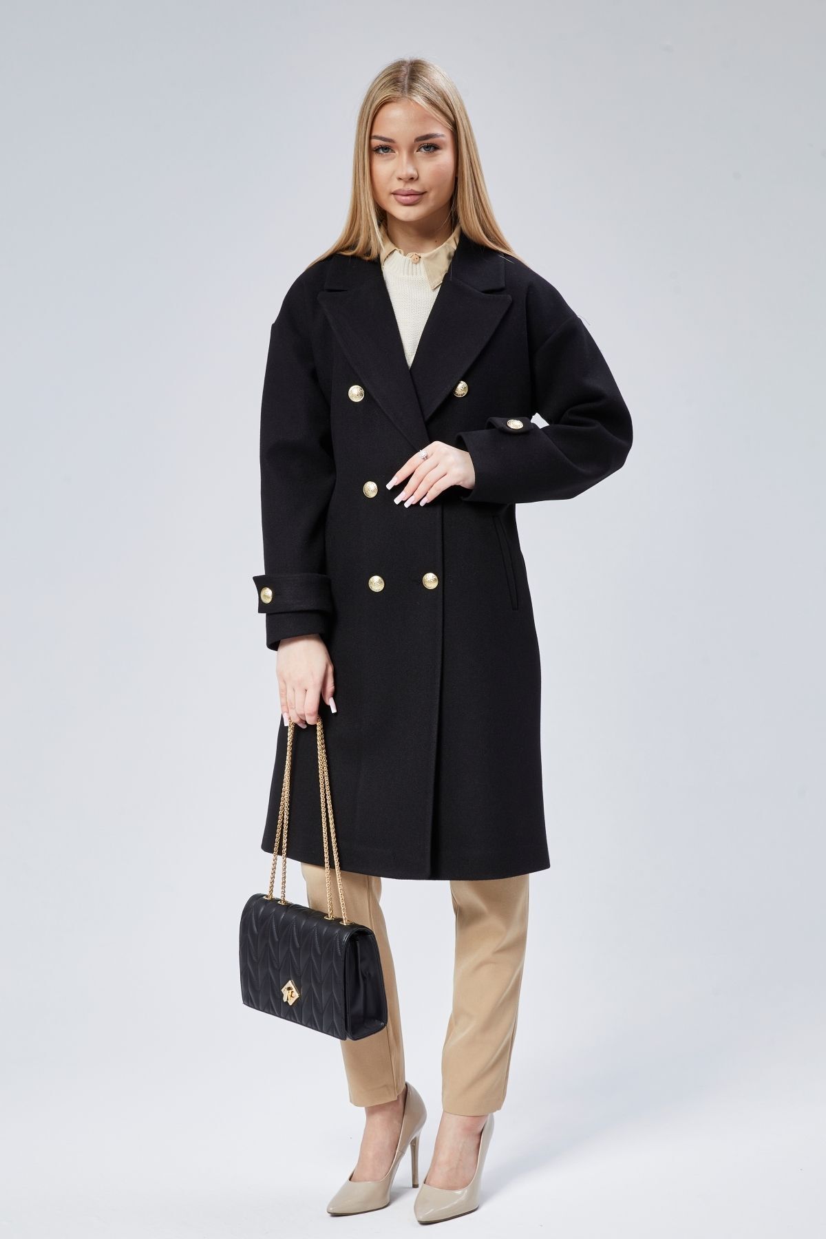 Bolivente  Kadın Kruvaze Yaka Düğme Detaylı Kaban - Görsel 7