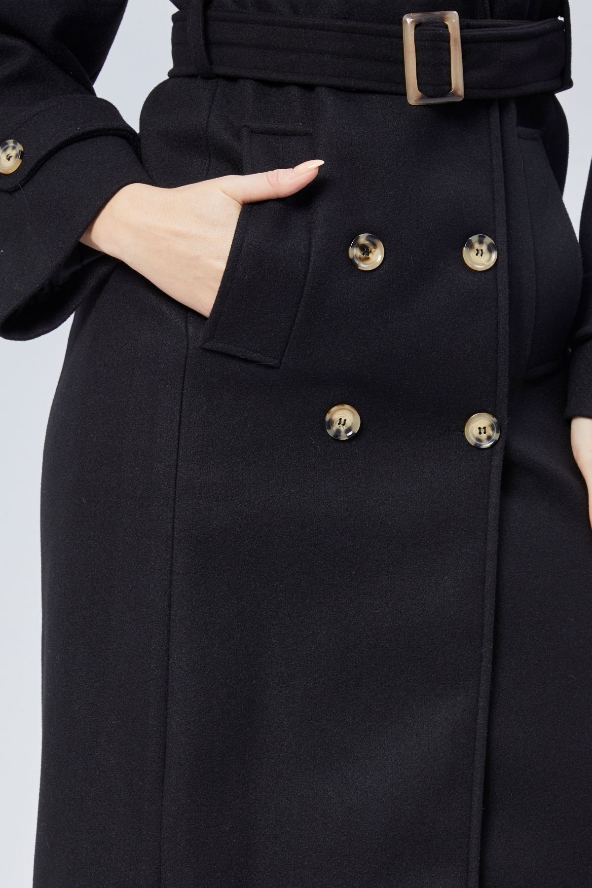 Bolivente  Siyah Regular Apolet Detaylı Kruvaze Kaşe Kaban - Görsel 7