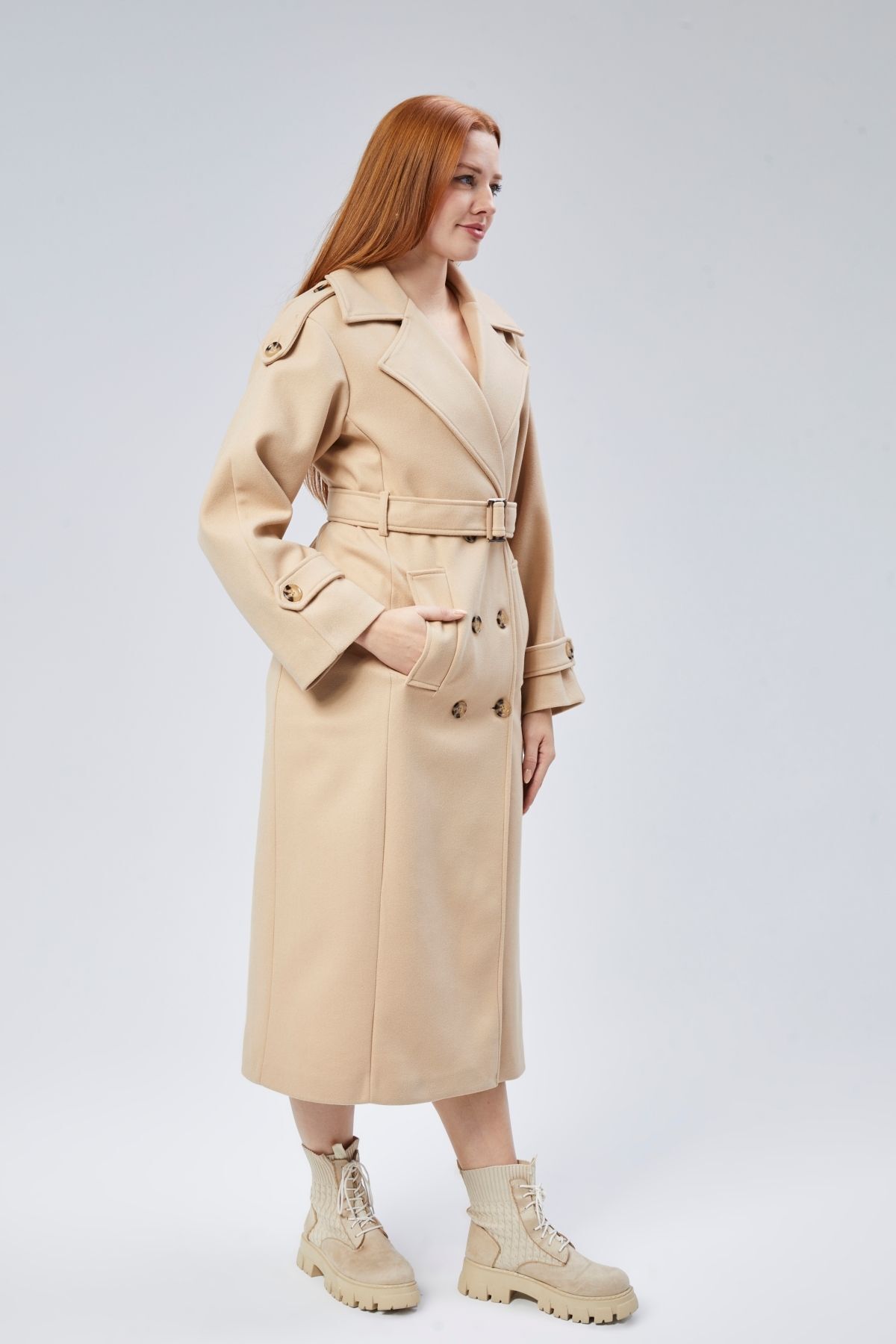 Bolivente  Camel Regular Apolet Detaylı Kruvaze Kaşe Kaban - Görsel 4