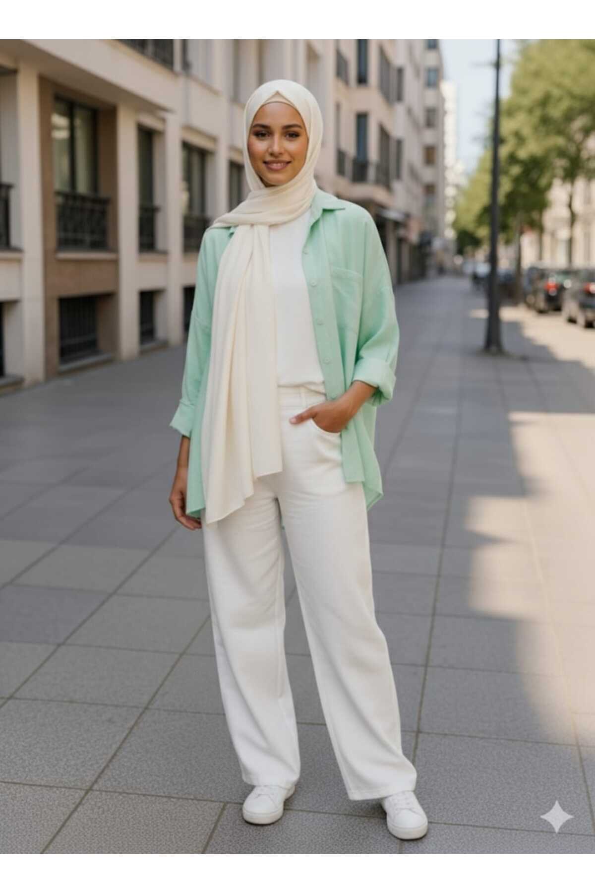 blackbonds  Kadın Keten mint yeşili Gömlek Yazlık Oversize Gömlek Yeni Sezon - Görsel 9