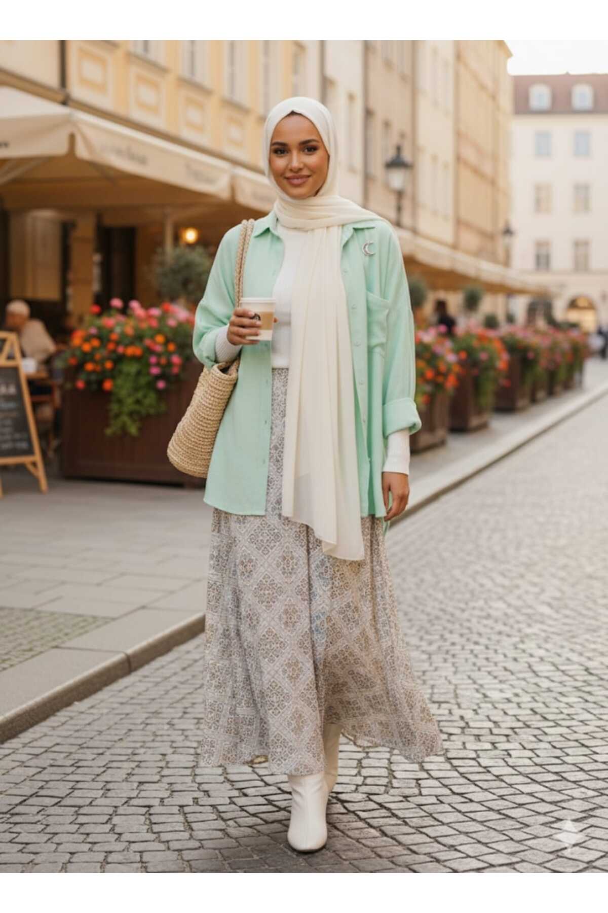 blackbonds  Kadın Keten mint yeşili Gömlek Yazlık Oversize Gömlek Yeni Sezon - Görsel 4