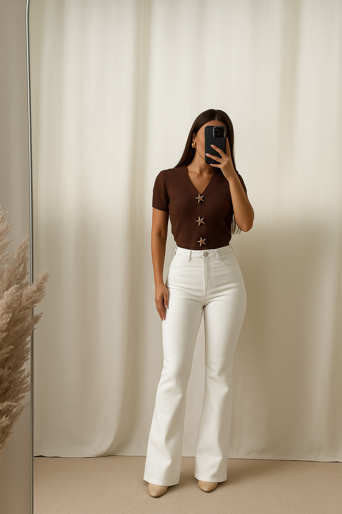 mirosh  Yüksek Bel Ispanyol Paça Keten Pantolon Beyaz - Görsel 7