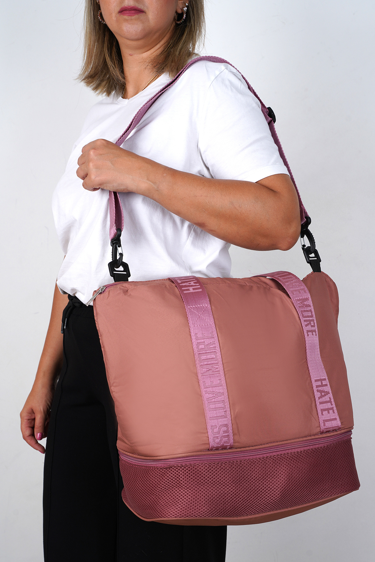 Do Tebe  Paraşüt Kumaş Ayakkabı Bölmeli Yazlık/Kışlık Pembe Kadın Spor/Fitness Anne Bebek Seyahat Çantası - Görsel 4