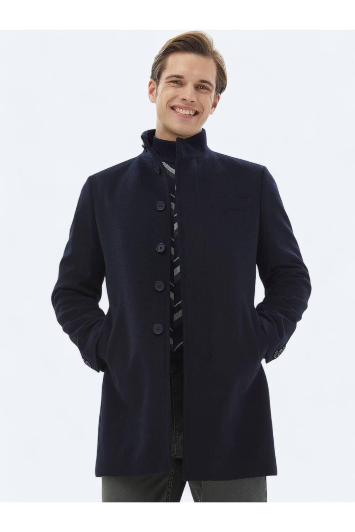 کت بافتنی کلاسیک یقه ایستاده معمولی سرمه‌ای سرمه‌ای