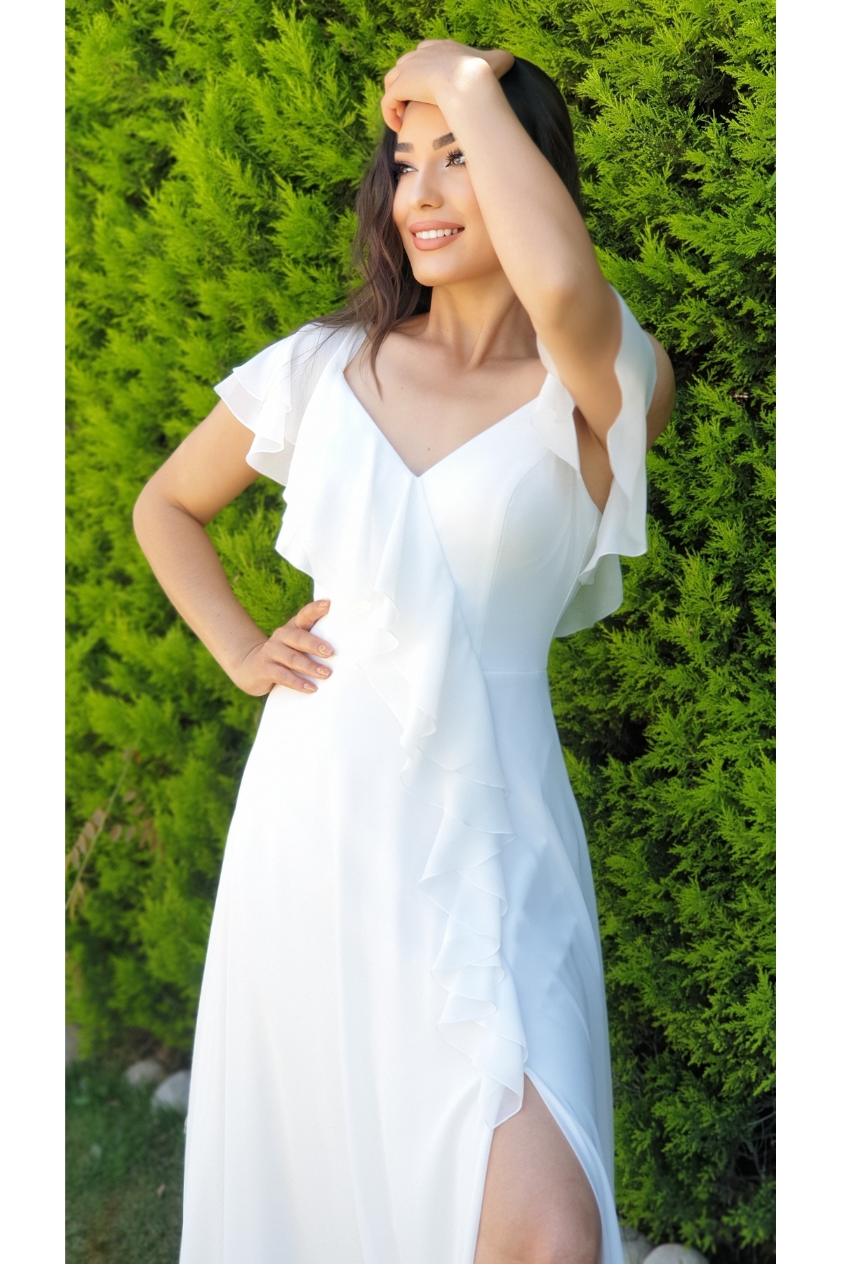 Walloon Detailed Chiffon Dress on Shoulder