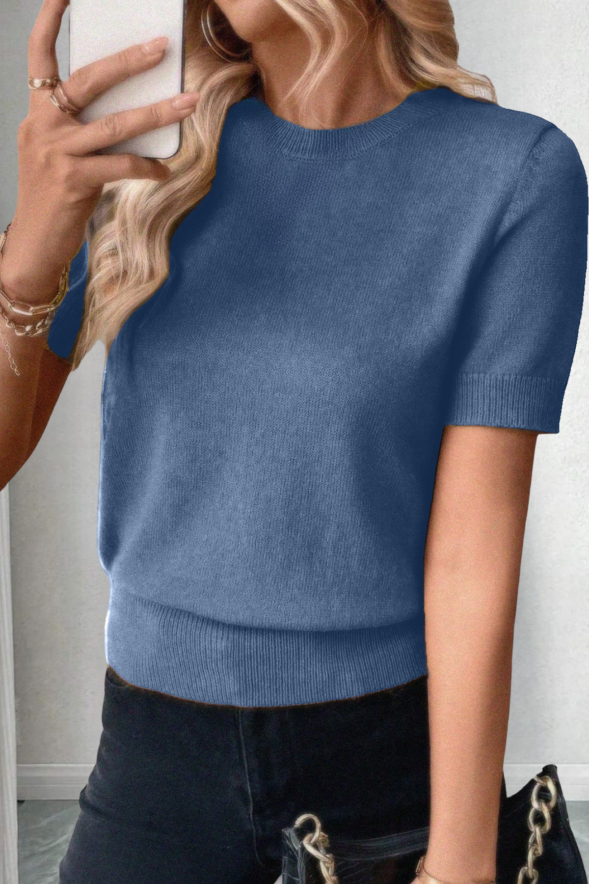 Short Sleeve Crew Neck Lycra Indigo Blouse