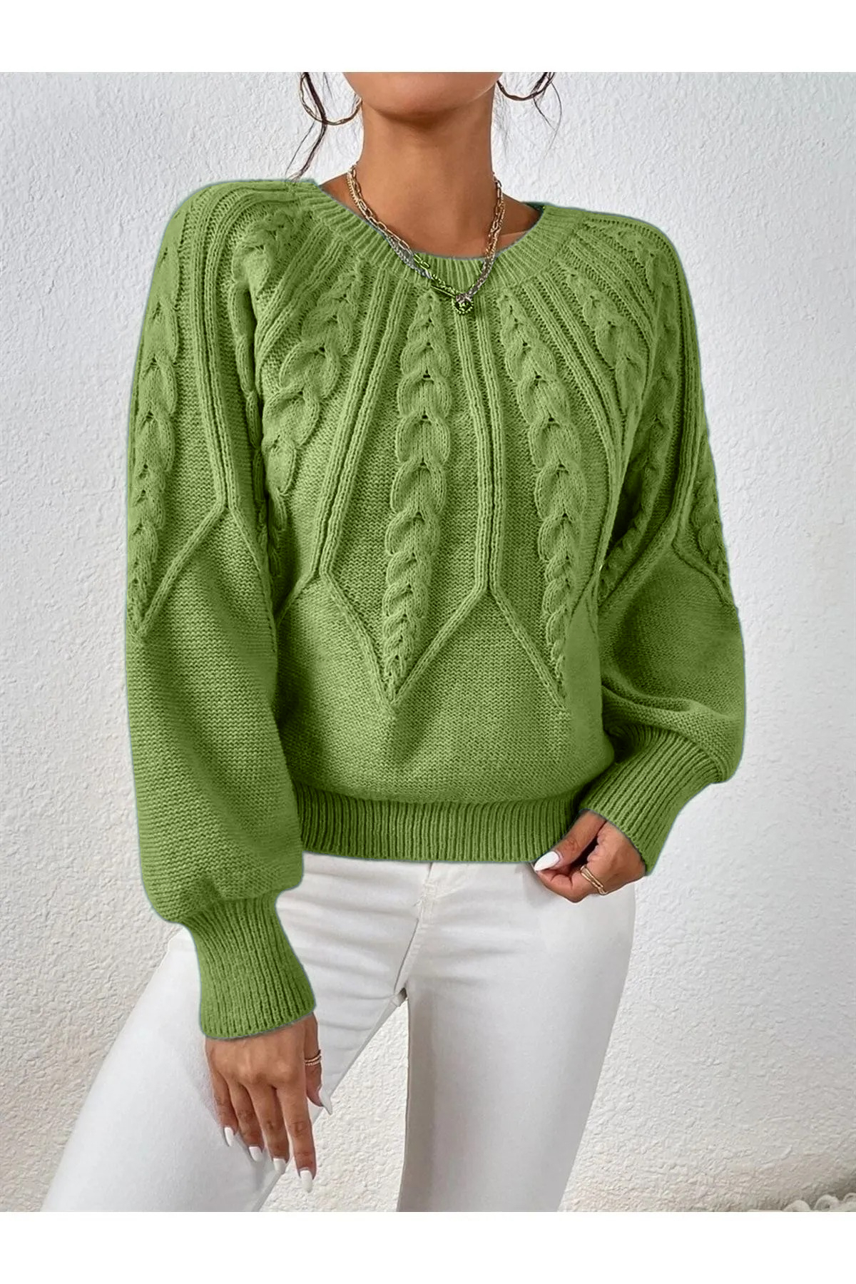 AQE FASHION  Saç Örgülü Bisiklet Yaka Italyan Kol Triko Fıstık Yeşili Kazak - Görsel 5