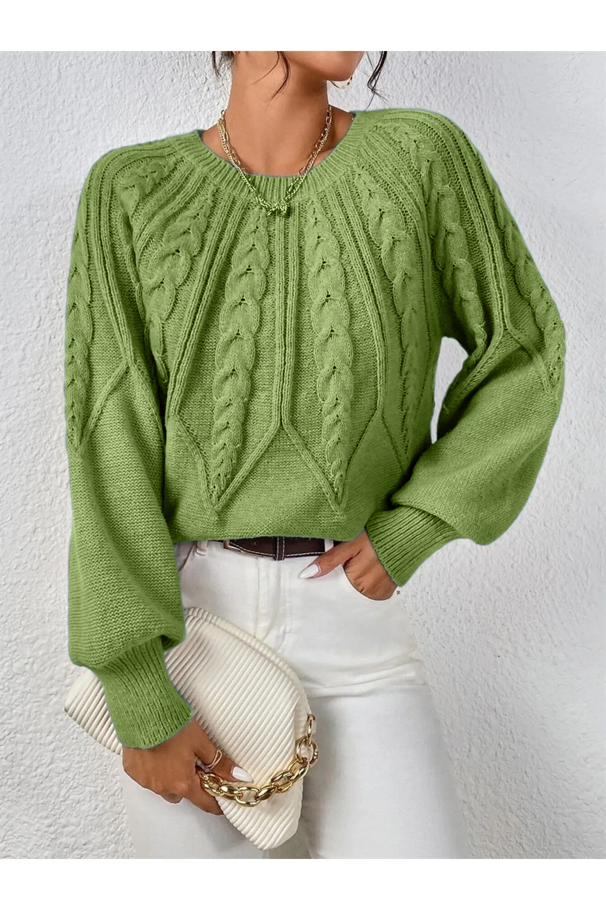 AQE FASHION  Saç Örgülü Bisiklet Yaka Italyan Kol Triko Fıstık Yeşili Kazak - Görsel 4