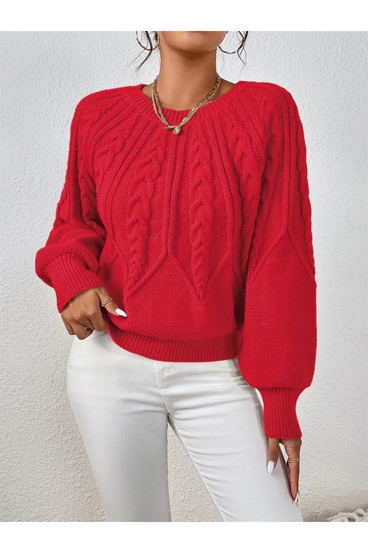 AQE FASHION  Saç Örgülü Bisiklet Yaka Italyan Kol Triko Kırmızı Kazak - Görsel 6