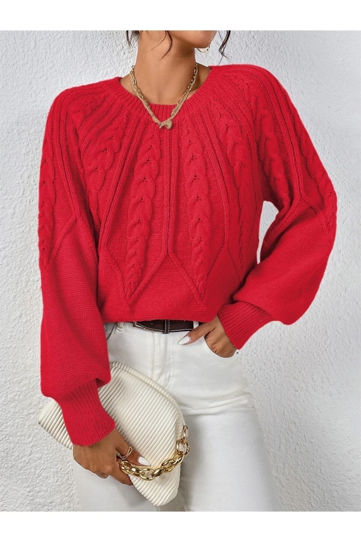 AQE FASHION  Saç Örgülü Bisiklet Yaka Italyan Kol Triko Kırmızı Kazak - Görsel 5