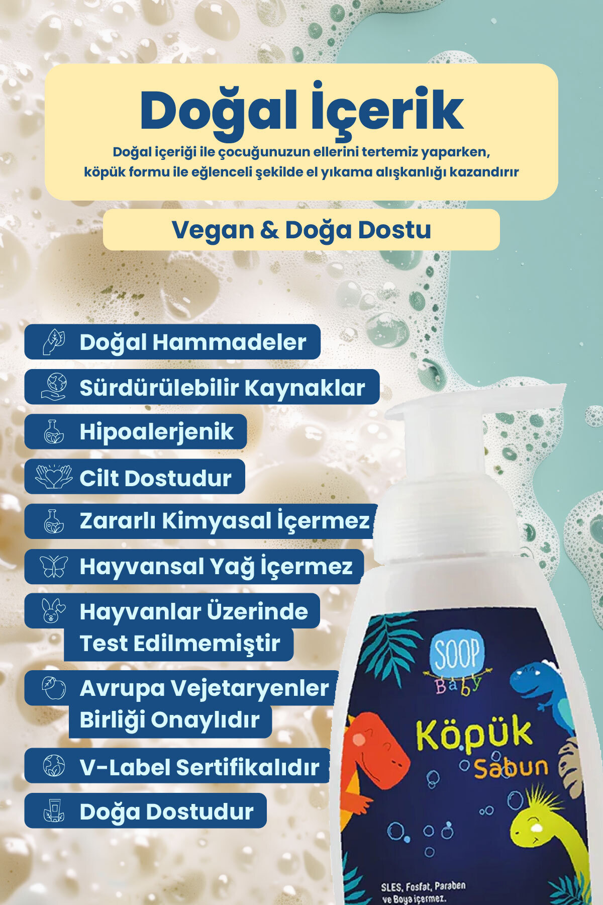 SOOP %100 Doğal Çocuk Köpük Sabun Dinozor 2x300 mL Pudra Kokulu Bitkisel Hipoalerjenik fotoğrafı 4 (önizleme)