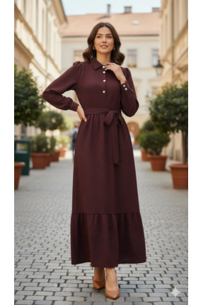 MYA Kadın Taş Düğmeli Jakarlı Tesettür Elbise | Şık & Zarif Gömlek Yaka Teset...