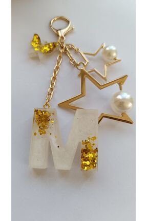 Vienna Design Furniture Yıldız aksesuarlı Gold beyaz epoksi harf anahtarlık M...