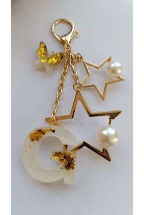 Vienna Design Furniture Yıldız aksesuarlı Gold beyaz epoksi harf anahtarlık G...