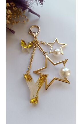 Vienna Design Furniture Epoksi yıldız aksesuarlı Gold beyaz harf anahtarlık Y...