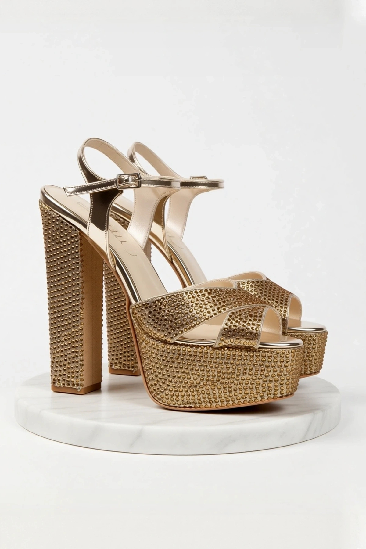 Kadın Moda Şık Gold Ayna Full Taşlı Klasik Köşe Kalıplı Kalın Düğün Nişan Gece Abiye Ayakkabı