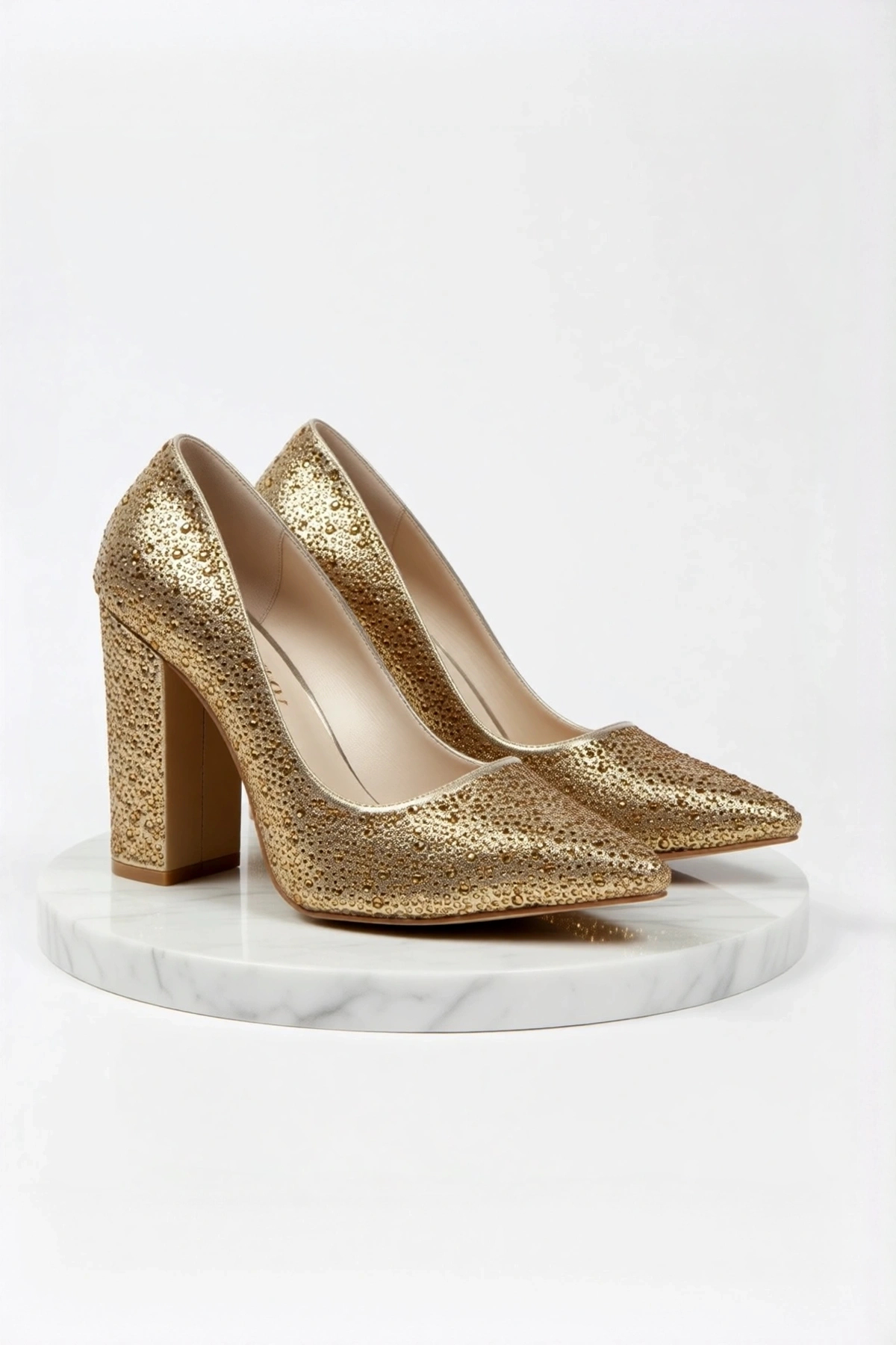 Kadın Moda Şık Gold Sultan Taşlı Klasik Sivri Kalın Düğün Nişan Gece Abiye Ayakkabı