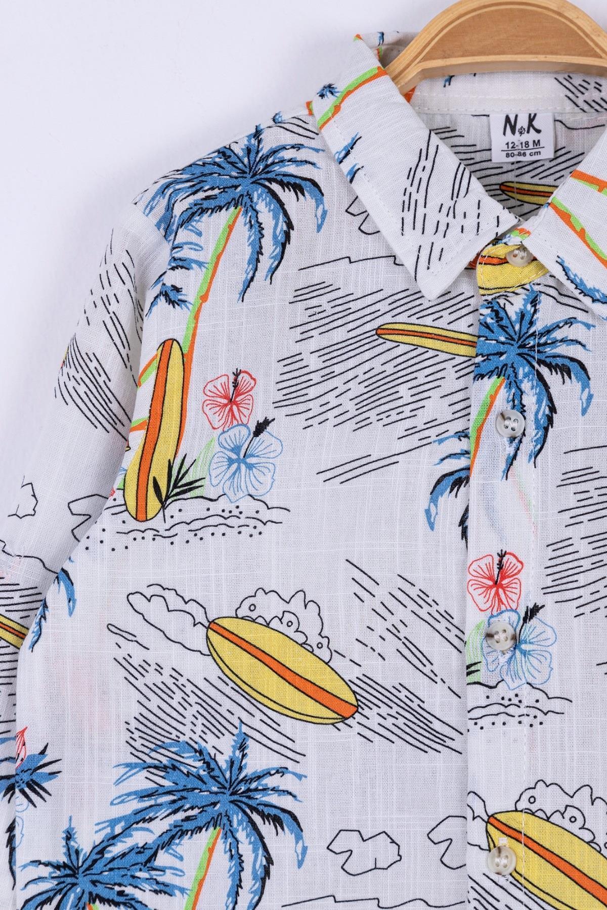 Nk Kids Erkek Bebek 9-36 Ay Palmiye Desenli Gömlek Ekru-Mavi fotoğrafı 2 (önizleme)