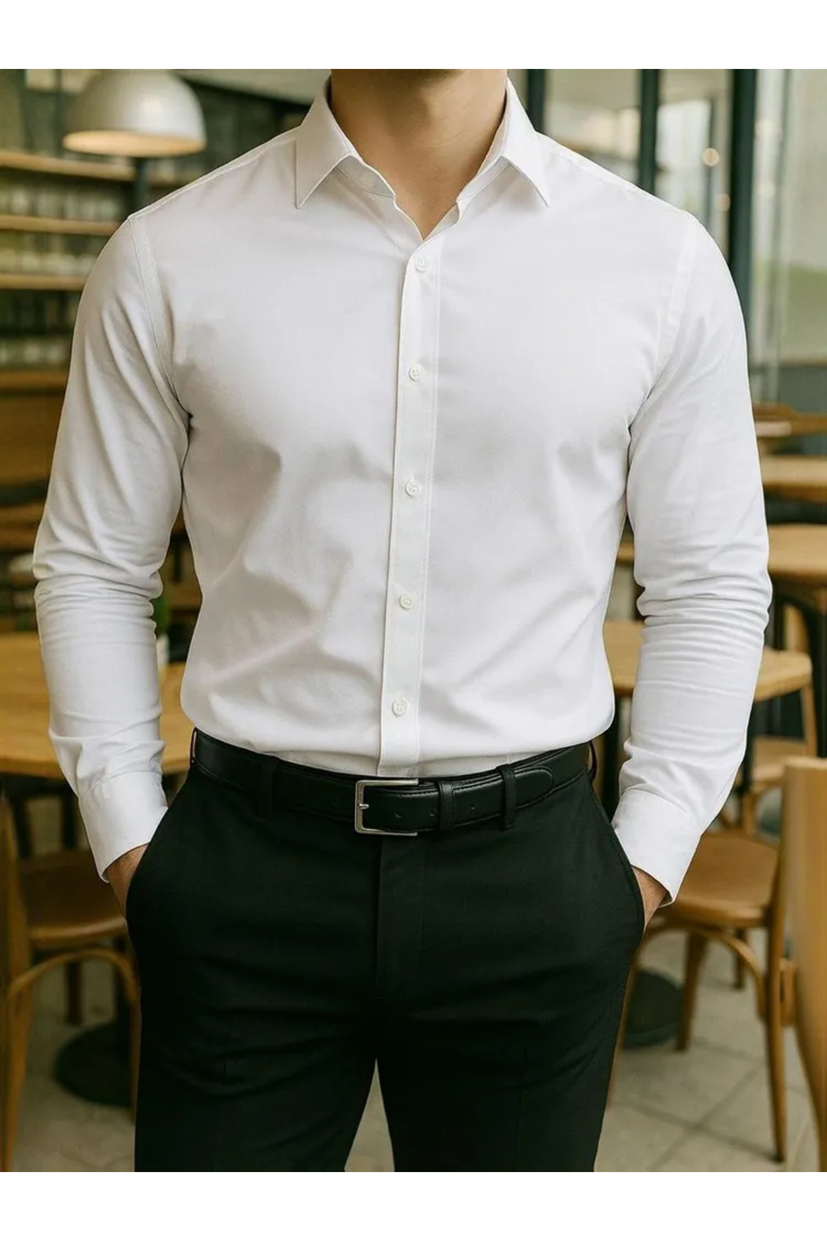 Zikuv  Slim Fit Uzun Kollu Kolay Ütü Teri Emen Nefes Alan Doku Kravatlık Beyaz Erkek Gömlek - Görsel 4