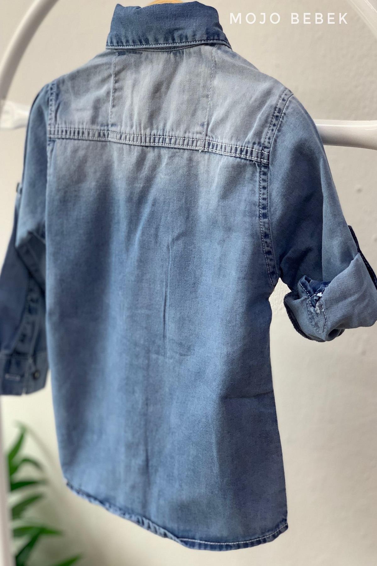 Mojo Bebek Mojo Erkek Bebek 1-4 Yaş Cepli Baskılı Kot Gömlek 20112 Mavi fotoğrafı 2 (önizleme)