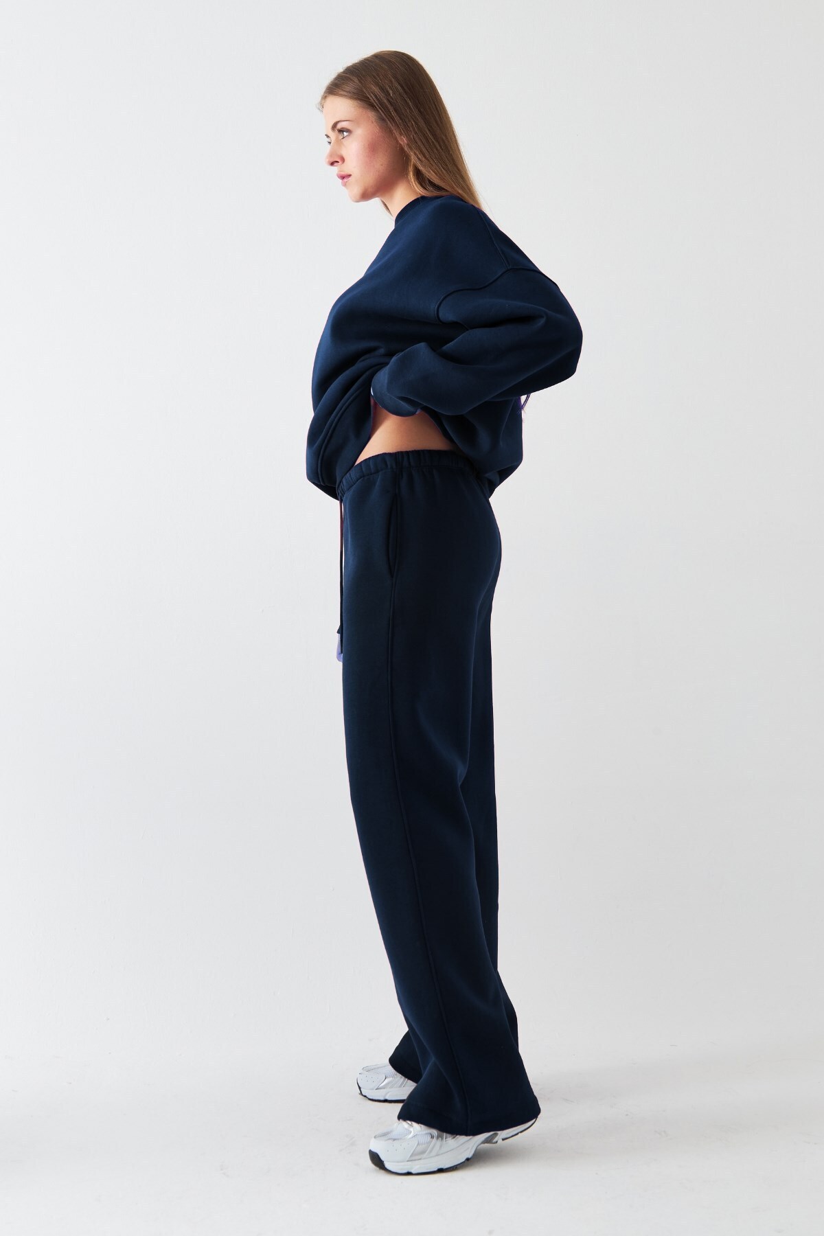 Unisex Oversize Eşofman Takımı Basic Lacivert – Bisiklet Yaka, Bol Paça, 3 İplik Şardonlu Polar — سرمه‌ای PRA-13143858-547516 — تصویر 2 از 7
