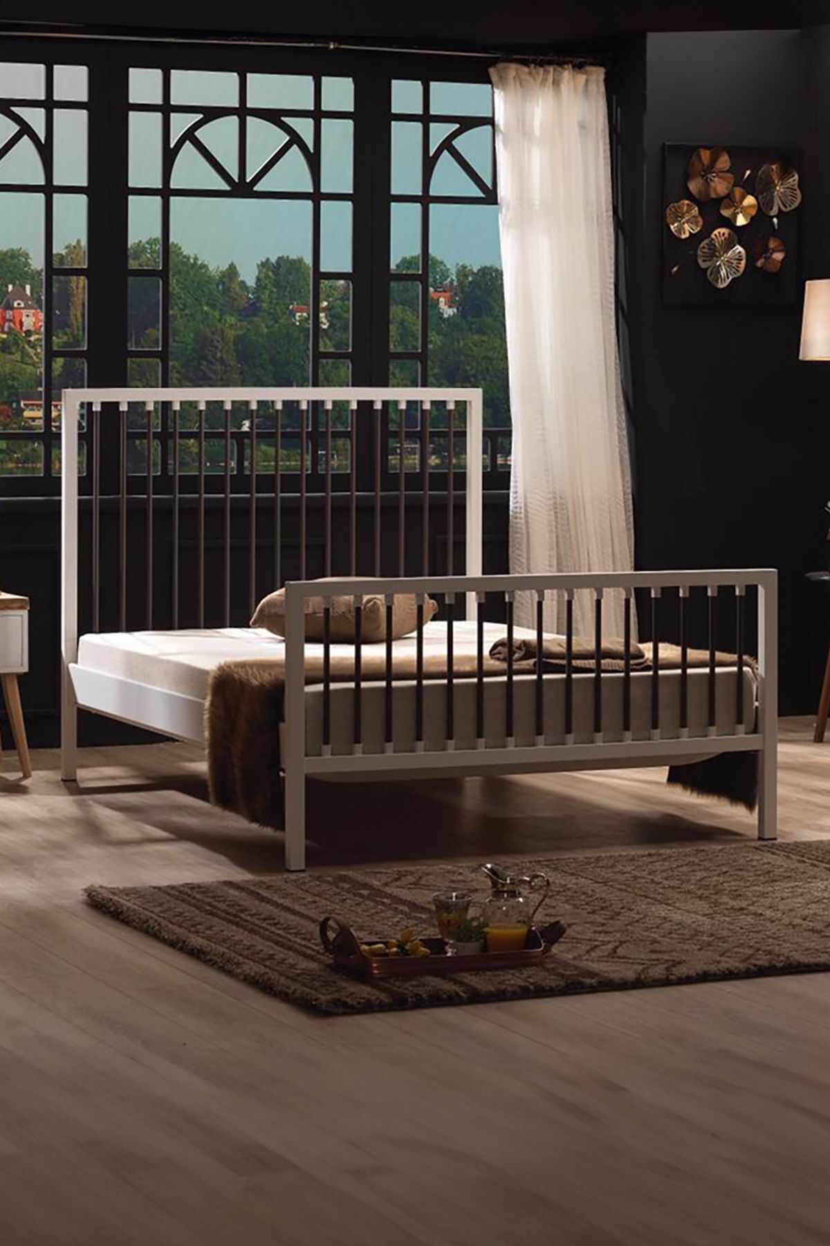 Unimet Breeze Çift Kişilik Ferforje Metal Karyola (BEYAZ-KAHVERENGİ) (AHŞAP LATALI)