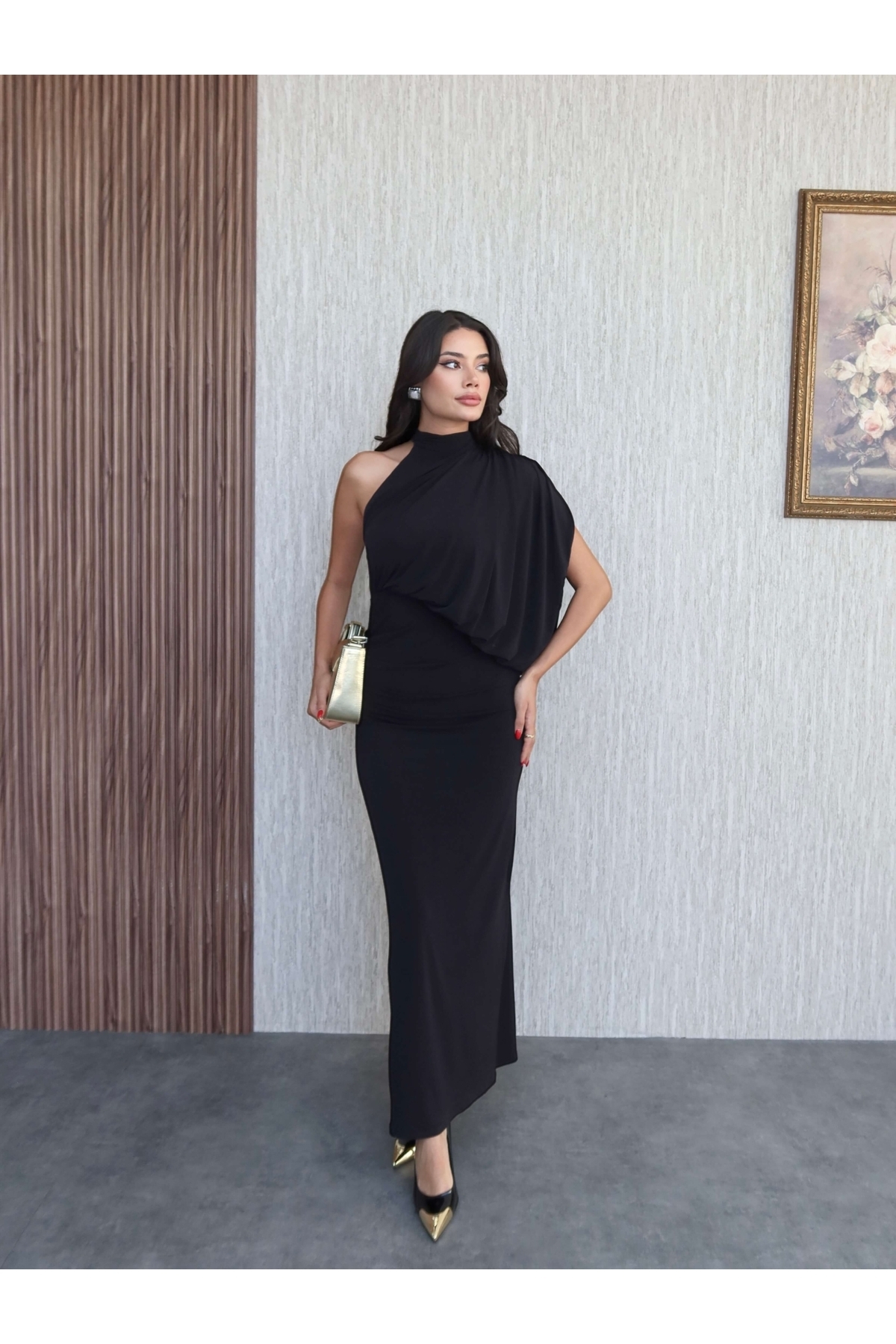 ESRAHELVACI  Tek Omuz Drapeli Uzun Elbise - Görsel 4