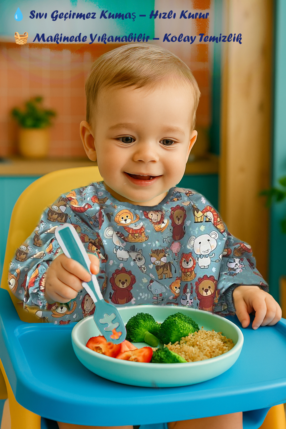 Gneisto Mama Önlüğü, Uzun Kollu Mama Önlüğü - Mavi | Blw Uyumlu, Su Geçirmez, Ipsiz Güvenli Tasarım fotoğrafı 4 (önizleme)
