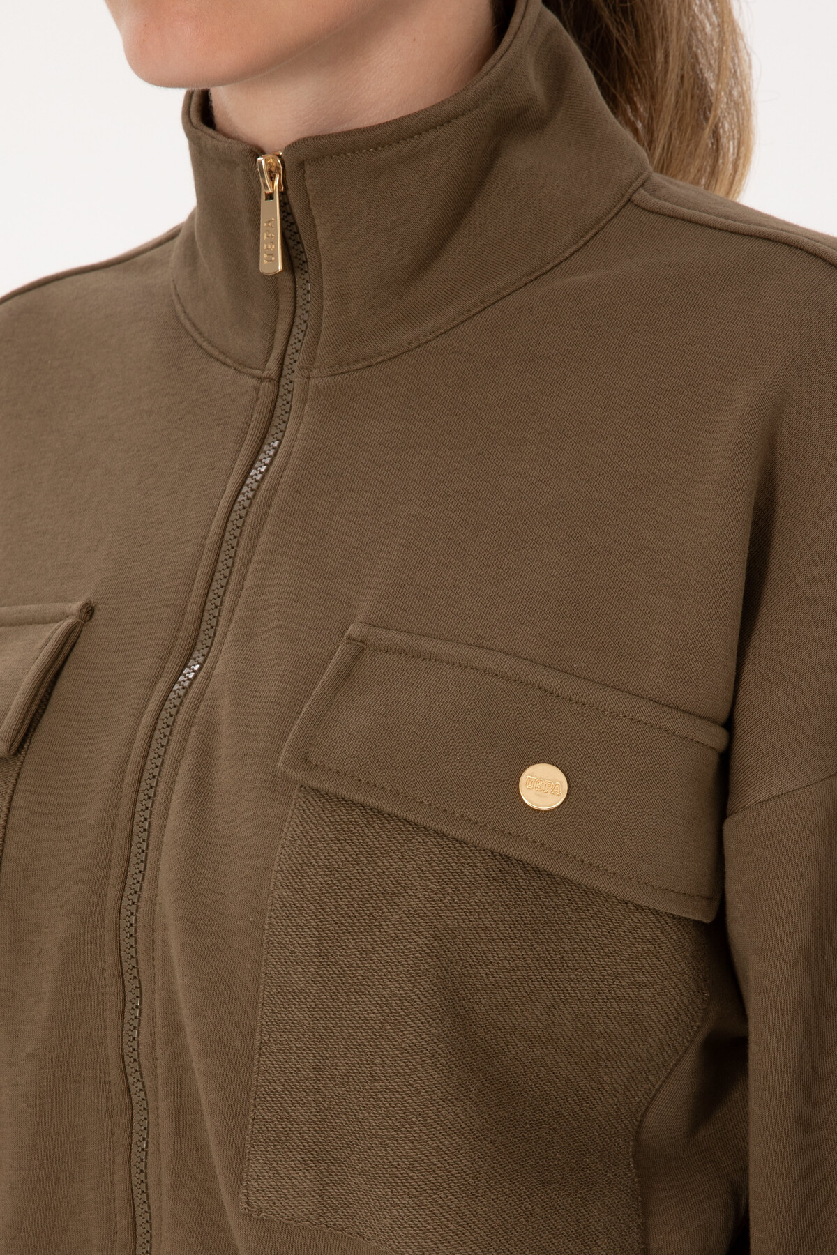 U.S. Polo Assn.  Kadın Haki Fermuarlı Dik Yaka Sweatshirt 50299001-VR027 - Görsel 7