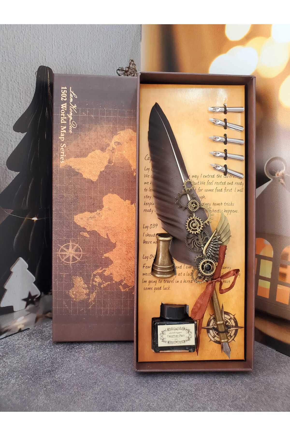 Vision Hediyelik Taçlı Orijinal Kuş Tüyü Divit Kalem Seti