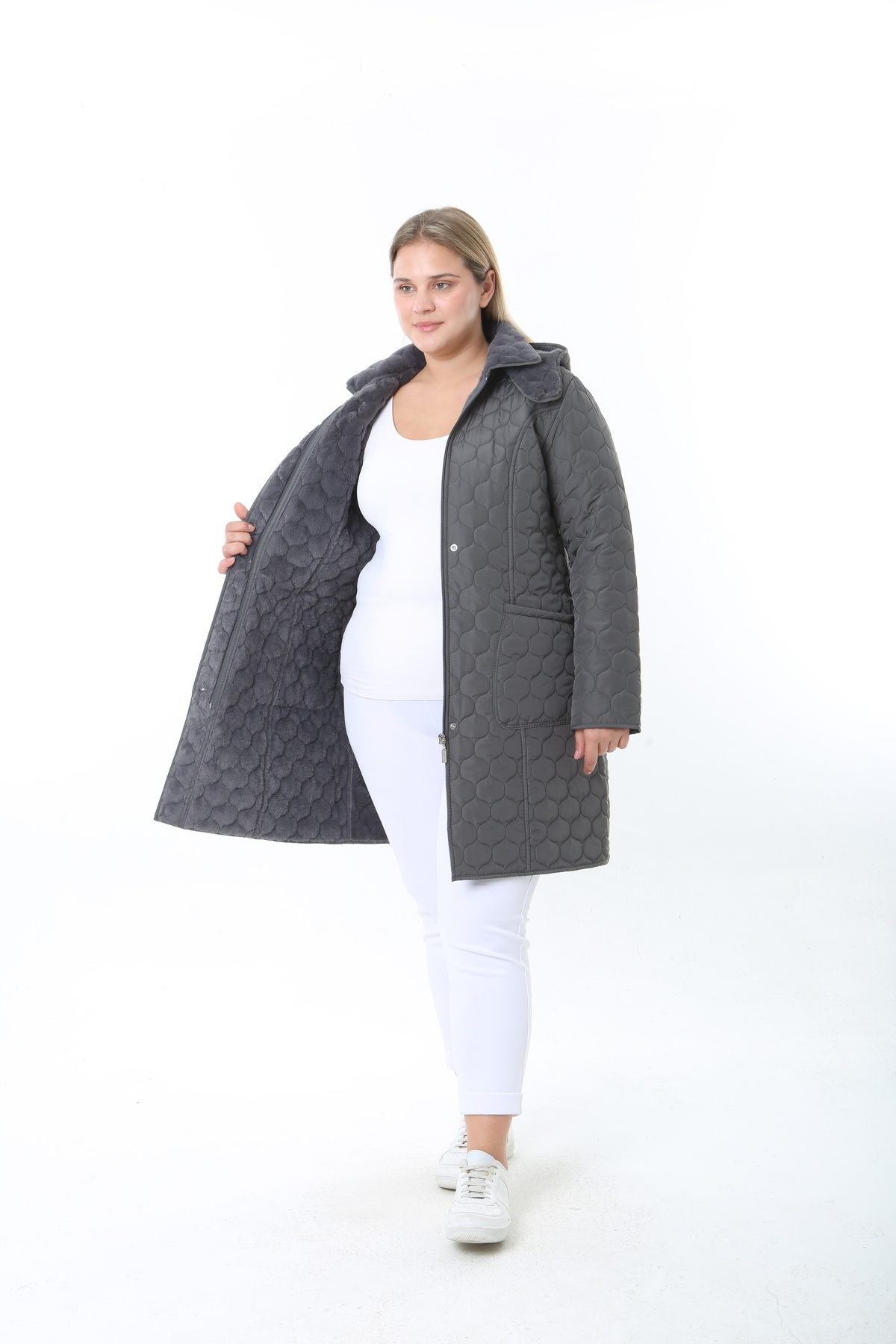 TUTveAL Collection İthal Yumuşak Kürklü Mont, Büyük Beden Mont, Tavşan Tüylü Kaban, Su Itici Mont,kapitone, füme renk