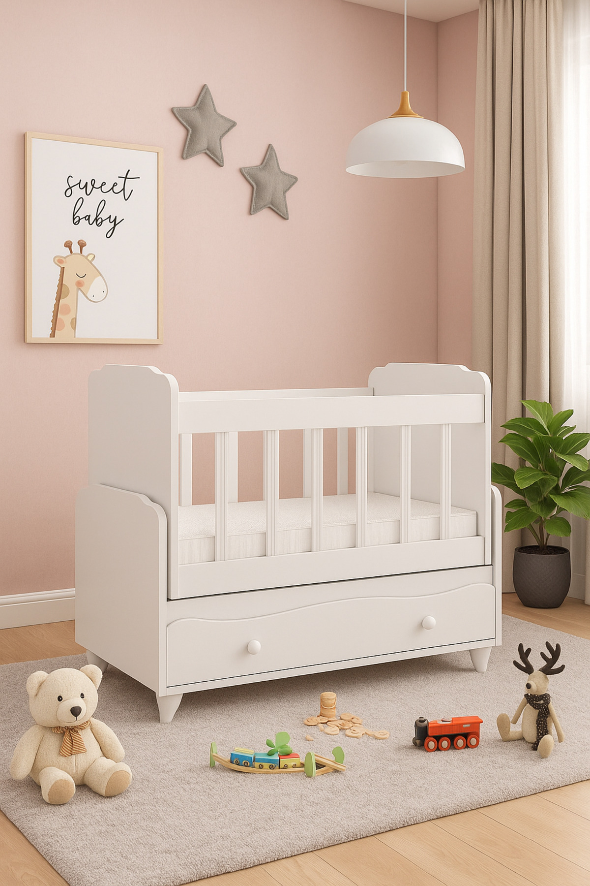 BANANA BABY Yıldız YATAK HEDİYELİ Sallanır Sabitlenir Anne Yanı Çekmeceli Beşik fotoğrafı 2 (önizleme)