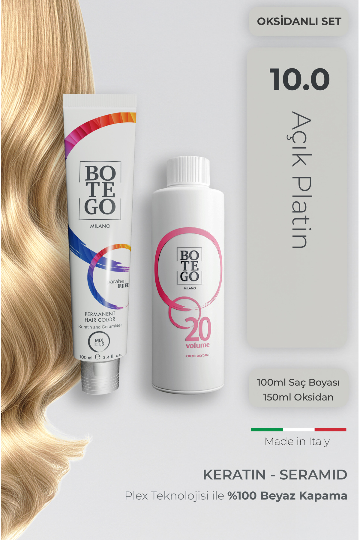 botegohair Profesyonel Krem Saç Boyası - 10.0 Açık Platin 100 ml - 20 Volume 150 ml Oksidan SET