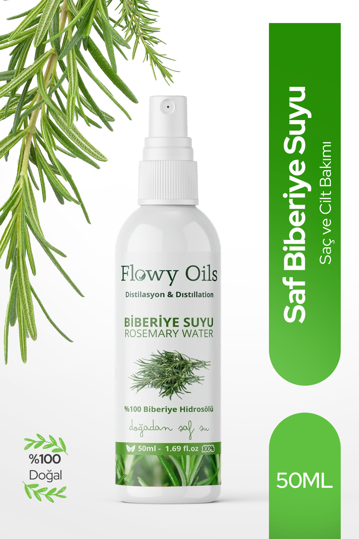 Flowy Oils Saf Biberiye Suyu Sebum Ve Yağ Dengeleyici %100 Tam Doğal Yağlı Distilasyon Hidrosöl Rosemary 50ml