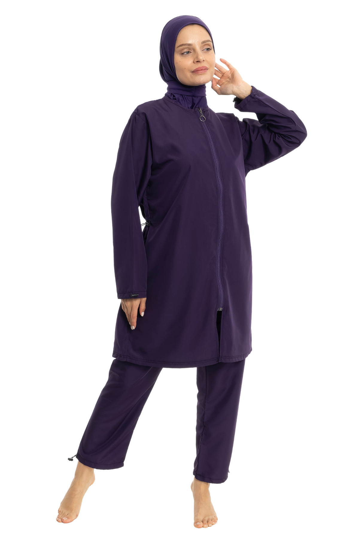 LEOMA Tam Kapalı Su Iticili Hızlı Kuruyan Yandan Ayarlanabilen Paraşüt Kumaş Fermuarlı Tesettür Mayo